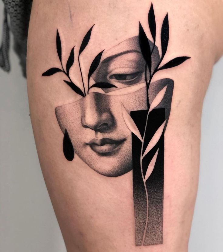 点刺风格的黑白色树叶和一半女性肖像纹身图案